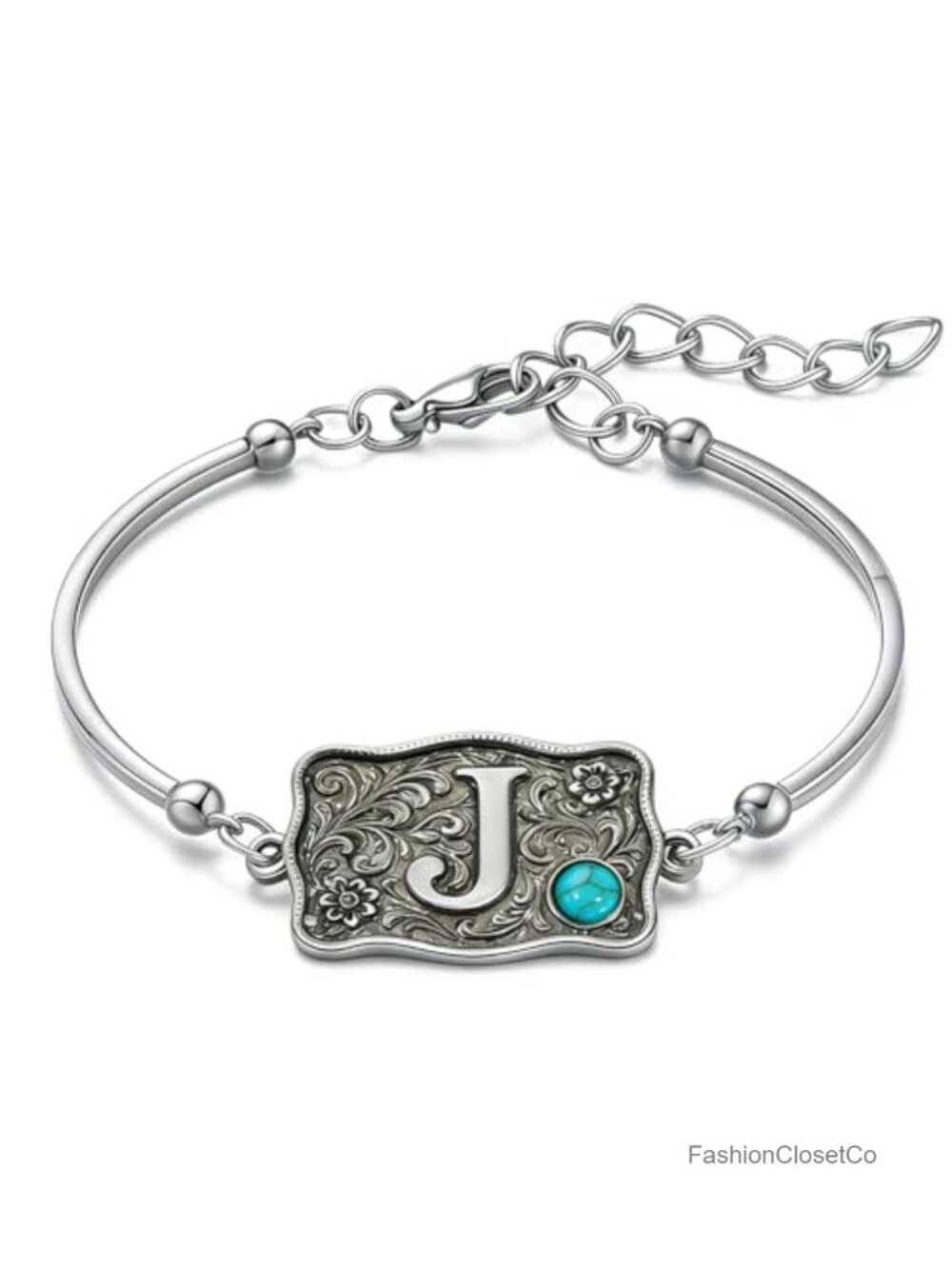 Western Vintage Initial Bangle Bracelet with Turquoise Accent, Copper